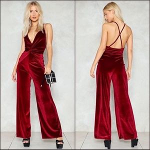 Nasty Gal Red Queen of the Night Velvet Jumpsuit